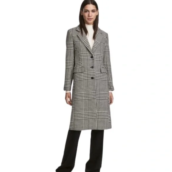 H&M Coat Long Classic & Chic Wool Black White Houndstooth NWOT Sz 2 XS S - Picture 1 of 11